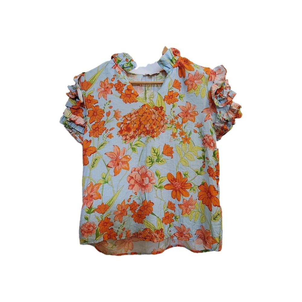 THML Blouse S Pale Blue Tiger Lily Floral Ruffled Short Sleeves Textured Fabric